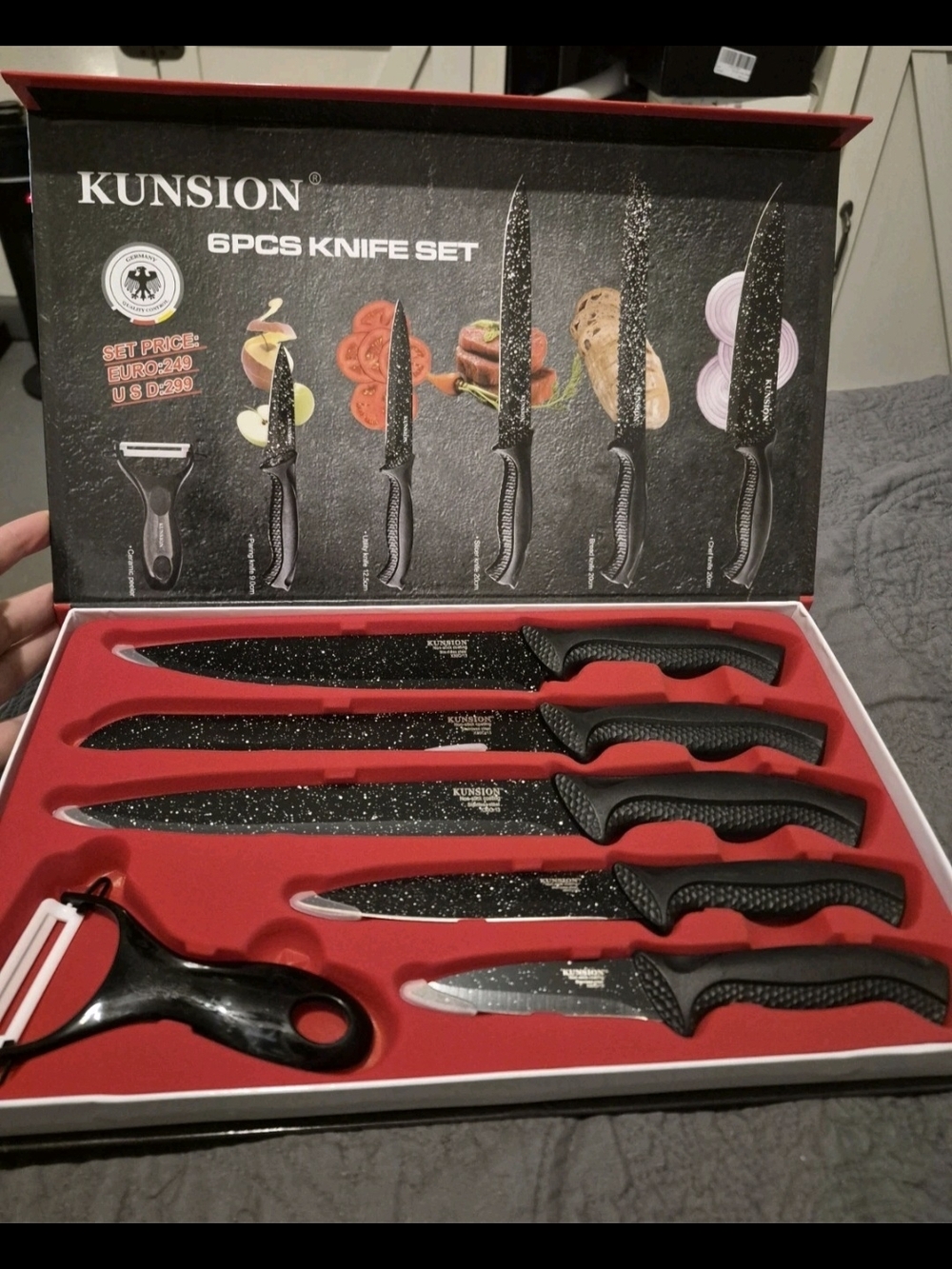KUNSION 6-Piece Black Speckled Knife Set with Peeler